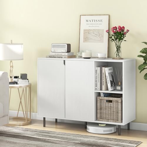 Buffet Cabinet with Storage, Wooden Sideboard with 2-Door Cabinet, 2 Cubes, 5-Position Adjustable Shelves, 5 Metal Legs, Anti-Toppling Device, Modern Furniture for Kitchen Living Room (White)