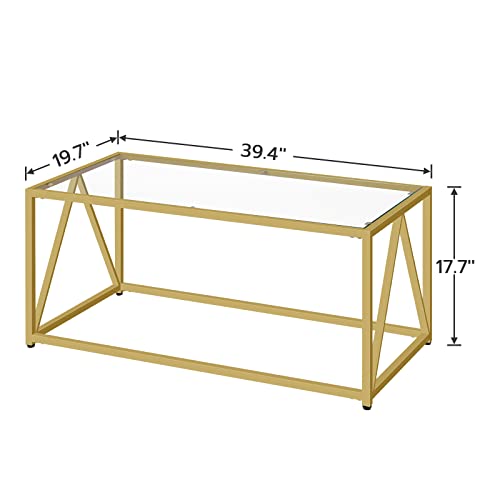 Glass Coffee Table, Gold Coffee Tables for Living Room, Gold Glass Coffee Table,1 Layer Center Table, Modern, for Apartment, Office, 39.4 x 19.7 x 17.7 Inches, Easy Assembly, Golden GD04KF01