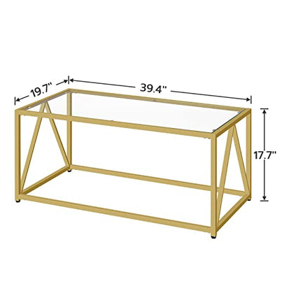 Glass Coffee Table, Gold Coffee Tables for Living Room, Gold Glass Coffee Table,1 Layer Center Table, Modern, for Apartment, Office, 39.4 x 19.7 x 17.7 Inches, Easy Assembly, Golden GD04KF01