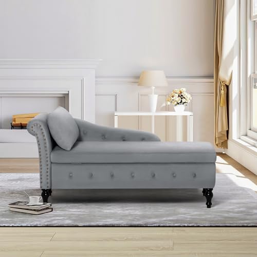 Velvet Chaise Lounge w/Left Armrest & Storage Space, Grey, view 6