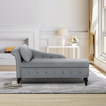 Velvet Chaise Lounge w/Left Armrest & Storage Space, Grey, view 6