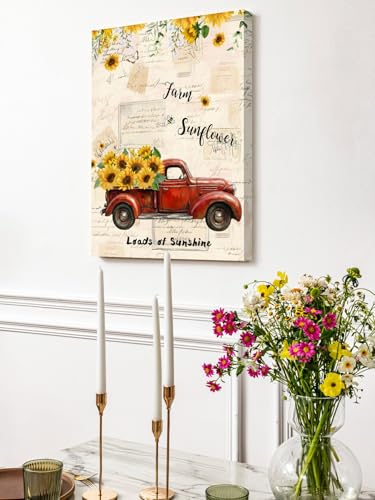NuYeBiofx Farmhouse Red Truck Sunflower Canvas Wall Art Prints,30"x20" Framed Picture Artwork Blossom Floral on Retro Letter Printed Canvas Oil Painting for Living Room Bedroom Office,Ready to Hang