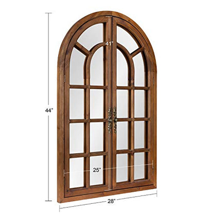 Boldmere Rustic Windowpane Arch Mirror, 28 x 44, Rustic Brown, Farmhouse Window Mirror for Wall