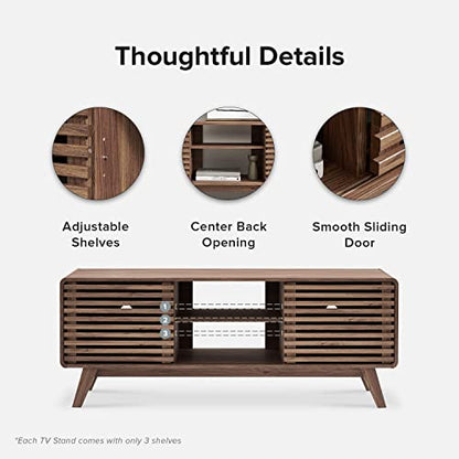 Ensley 59" Tall TV Stand with Slatted Door, Mid Century Modern Entertainment Center for 55-65 inch TV, Farmhouse Media Console with Storage, Adjustable Shelves, Round Edges, Living Room (Walnut)