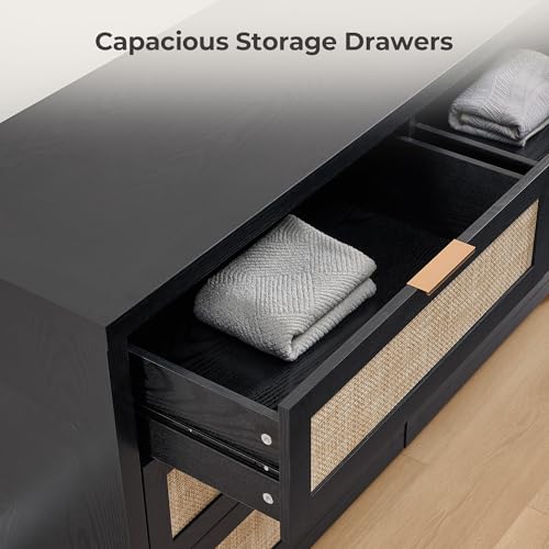 Rattan Dresser for Bedroom, 57" Wide 6 Drawer Dresser with Ample Storage, Wooden Dressers Large Chest of Drawers, Closet, Boho TV Stand for Bedroom (Black Oak, 1 Piece)