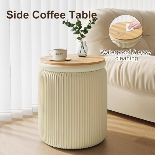 Beige Ottoman with Storage Set of 2, Upholstered Velvet Vanity Stool, Comfy Round Makeup Vanity Stools, Large Storage Ottoman Foot Rest, Pouf Seat for Living Room/Bedroom