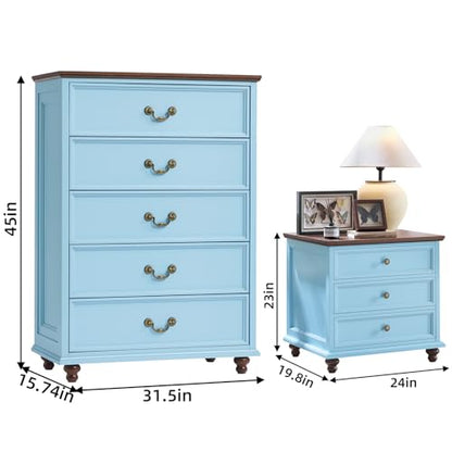 24" Wide Farmhouse Nightstand Set of 2, 54" 7 Drawers Dresser, 45" Tall Rustic Chests of 5 Drawers w/ 4 Solid Wood Feet, Farmhouse Furniture Series for Living Room,Bedroom,LightBlue