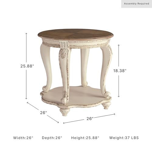 Signature Design by Ashley Realyn Round End Table, Cottage-Style Side Table with Antiqued Two-Tone Finish, Wood & Veneer Construction for Living Room or Bedroom, White/Brown