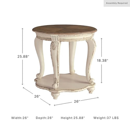 Signature Design by Ashley Realyn Round End Table, Cottage-Style Side Table with Antiqued Two-Tone Finish, Wood & Veneer Construction for Living Room or Bedroom, White/Brown