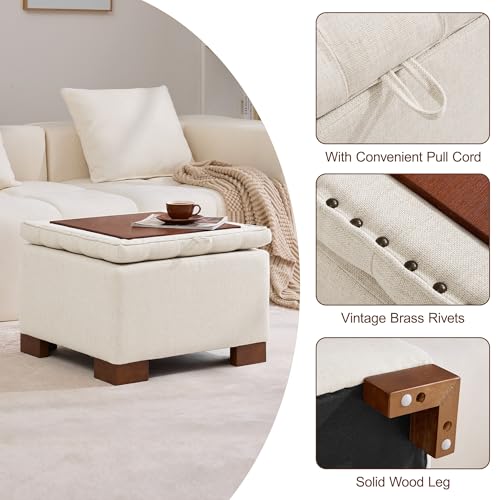 24" Square Fabric Storage Ottoman with Wooden Tray Top, Modern Tufted Button Upholstered Footstool Coffee Table, Multifunctional Small Storage Ottoman for Living Room Bedroom, Beige