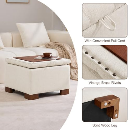 24" Square Fabric Storage Ottoman with Wooden Tray Top, Modern Tufted Button Upholstered Footstool Coffee Table, Multifunctional Small Storage Ottoman for Living Room Bedroom, Beige