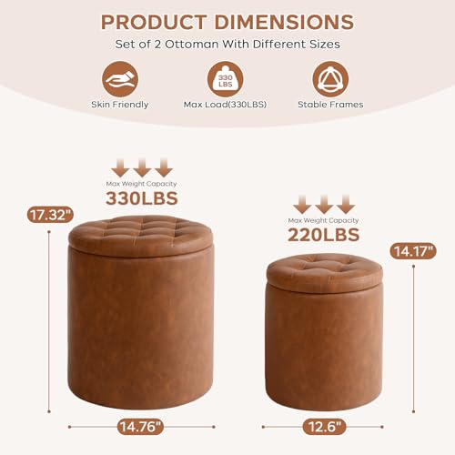 Round faux leather ottoman with storage, brown, view 3