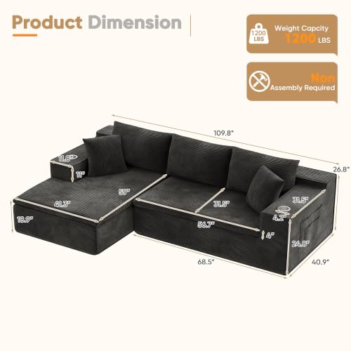 109" Boneless Couch with Memory Foam, Modular Sectional Sofa with L-Shape Chaise, Cloud Couch with Deep Seat, Dual Cup Holders & Side Pockets, No Assembly Required (Black)
