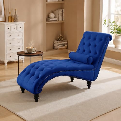 61" Velvet Tufted Chaise Lounge, Upholstered Sofa Chair with Wood Legs Blue, view 2