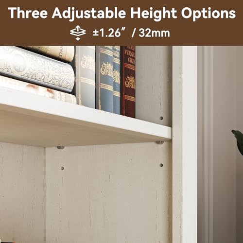 72 in Tall Bookshelf 5 Tier Bookcase with Adjustable Shelves, Antique White Book Shelf with Storage Cabinet, Wood Freestanding Display Bookshelves for Home Office，Bedroom, Living Room
