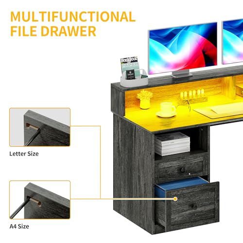 L Shaped Desk with Drawers, 60" Corner Computer Desk with Power Outlets & Lift Top, Home Office Desk with Storage Cabinet & LED Lights, Wood Desk, Height Adjustable Desk, Grey