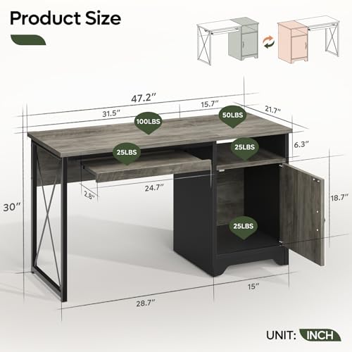 47-Inch Office Desk with Storage Cabinet & Keyboard Tray, Grey, view 4