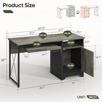 47-Inch Office Desk with Storage Cabinet & Keyboard Tray, Grey, view 4