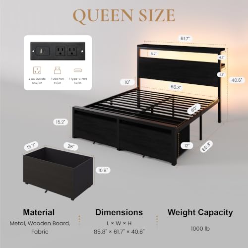 Queen LED Bed Frame, 2 Storage Drawers, Charging Station, Black, view 3