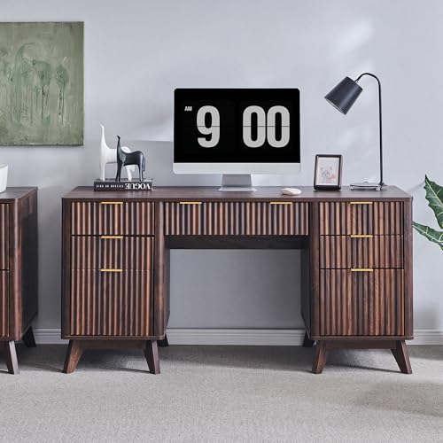 60" Modern Fluted Executive Desk with Drawers, Dark Walnut, view 8