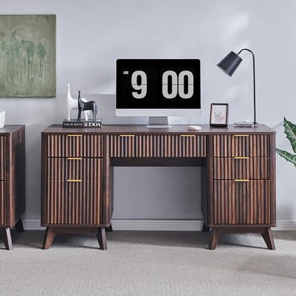 60" Modern Fluted Executive Desk with Drawers, Dark Walnut, view 8