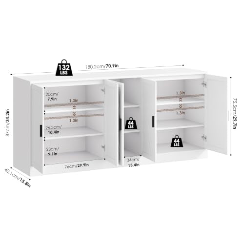 71" White Buffet Cabinet, 5 Chevron Door Modern Farmhouse Coffee Bar, view 4