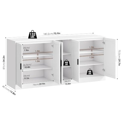 71" White Buffet Cabinet, 5 Chevron Door Modern Farmhouse Coffee Bar, view 4