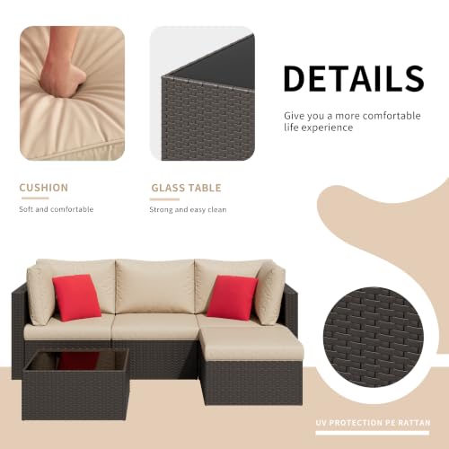 5 Pieces Patio Furniture Sets Outdoor All-Weather Sectional Patio Sofa Set PE Rattan Manual Weaving Wicker Patio Conversation Set with Glass Table&Ottoman Cushion and Red Pillows, Beige
