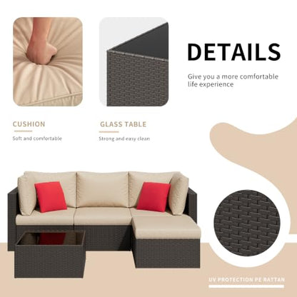 5 Pieces Patio Furniture Sets Outdoor All-Weather Sectional Patio Sofa Set PE Rattan Manual Weaving Wicker Patio Conversation Set with Glass Table&Ottoman Cushion and Red Pillows, Beige