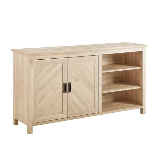 Modern Wood Grooved Buffet Sideboard with Open Storage Entryway Serving Storage Cabinet Doors Dining Room Console, 58 Inch, Birch