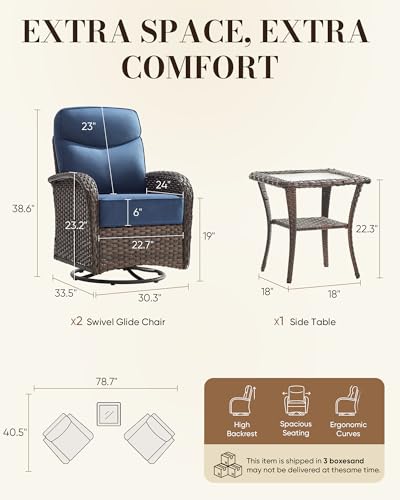 Upgraded 6“ Cushion Luxury 3 Pieces Patio Furniture Set - All Weather Wicker Outdoor Swivel Rocker Patio Chairs of 2 with Side Table, High Back Glider Chairs Set for Deck Porch - Brown/Blue