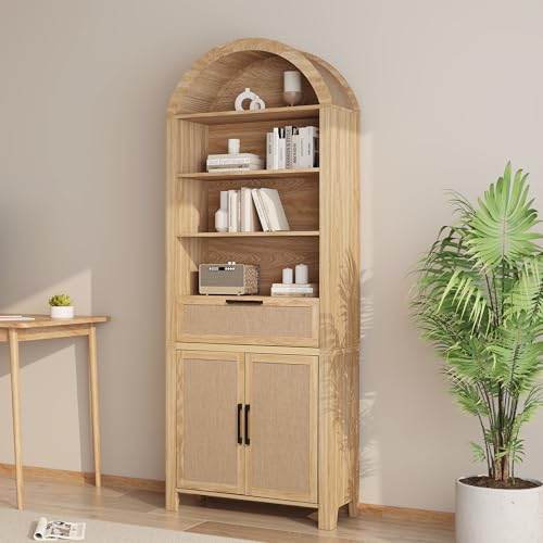 79" Tall Arched Bookcase with Storage, Mid Century Modern 6-Tier Cabinet with Door, Arched Bookshelf with Open Display Shelf for Office Living Room (Natural, 79inch-Doors)