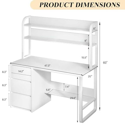 White Desk with Hutch, 47 Inch Computer Desk with 3 Drawers for Bedroom, view 3