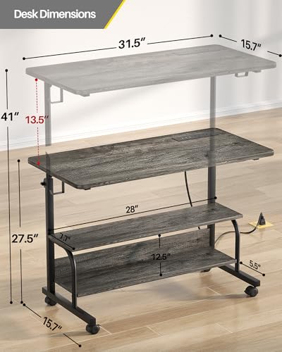 Rolling Standing Desk with Charging Station, Portable Height Adjustable Mobile Computer Desk with Wheels & 2-Tier Shelves & Hooks, Easy Assembly Laptop Table for Couch Bed, 32" Grey Oak