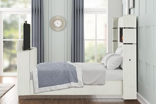 Wood Platform Bed with Beige Headboard and Storage Features, view 6