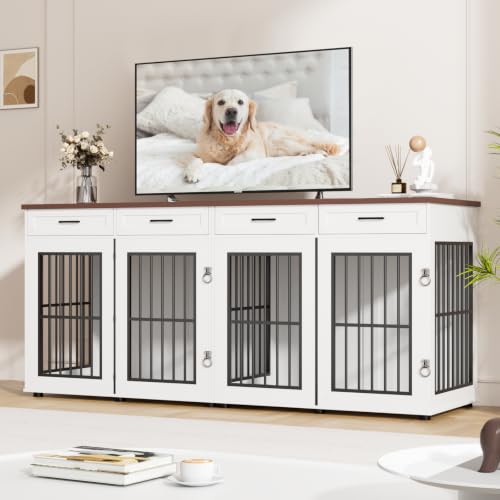 87" Dog Crate Furniture for 2 Dogs, Double Dog Cage Furniture, White, view 4