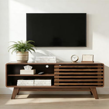 46" Mid-Century Modern TV Stand with Slatted Sliding Doors, view 2