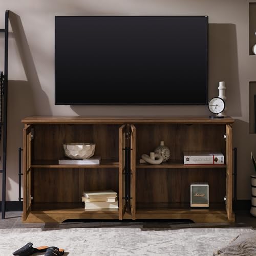 Farmhouse Barn Glass Door Wood Universal TV Stand for TV's up to 64" Flat Screen Living Room Storage Cabinet Doors and Shelves Entertainment Center, 58 Inch, Rustic Oak