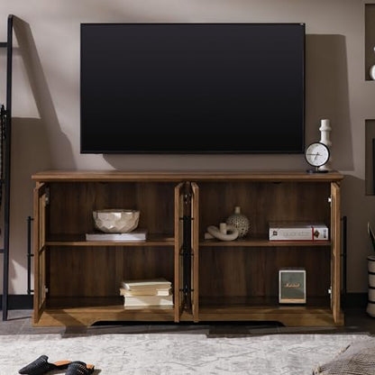 Farmhouse Barn Glass Door Wood Universal TV Stand for TV's up to 64" Flat Screen Living Room Storage Cabinet Doors and Shelves Entertainment Center, 58 Inch, Rustic Oak