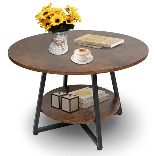 Round Coffee Table, 2-Tier Circle Coffee Table with Storage, Modern Wood Round Center Table, for Living Room, Small Space, Home Office, Easy Assembly, Rustic Brown