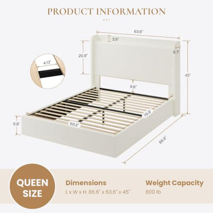 Queen Bed Frame with Chenille Storage Headboard and USB, White, view 3