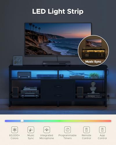63in TV Stand for 55-75in TVs, LED Lights, Charging Station, Black, view 5