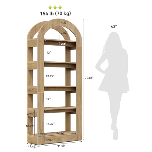 5-Tier Bookshelf, Arch-Shaped Racks, Tall Standing Wooden Bookcase Display Shelf Modern Storage Solution (2, Teak Color)
