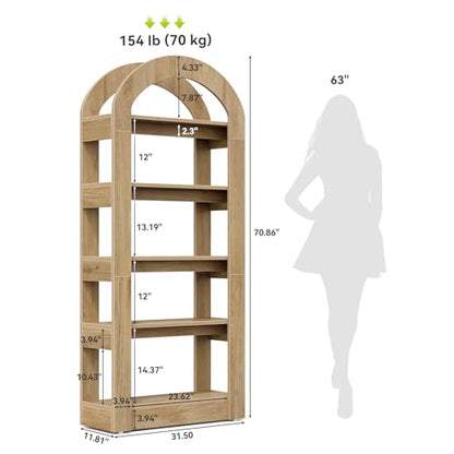 5-Tier Bookshelf, Arch-Shaped Racks, Tall Standing Wooden Bookcase Display Shelf Modern Storage Solution (2, Teak Color)