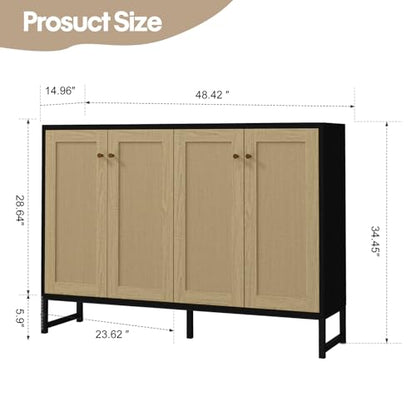 Sideboard Accent Storage Cabinet with Rattan Decorated 4 Doors Dining Room Freestanding Kitchen Buffet Table Cupboard (Black)