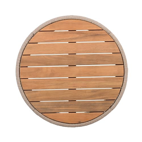 26" Outdoor Rustic Coffee Table,Rattan Rope & Acacia Wood Center Table with Round Top & Iron Frame, Easy Assembly, Versatile Weather-Resistant Patio Furniture for Garden, Yard, Balcony, Beige Teak