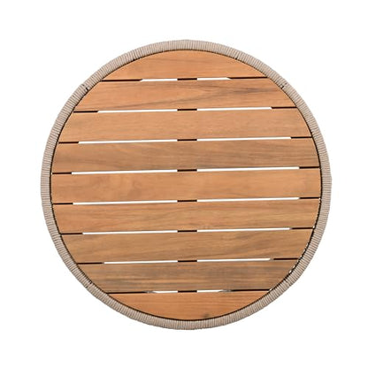 26" Outdoor Rustic Coffee Table,Rattan Rope & Acacia Wood Center Table with Round Top & Iron Frame, Easy Assembly, Versatile Weather-Resistant Patio Furniture for Garden, Yard, Balcony, Beige Teak