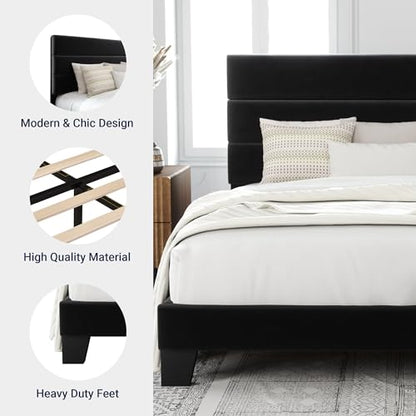 Queen Size Platform Bed Frame with Velvet Upholstered Headboard, view 7