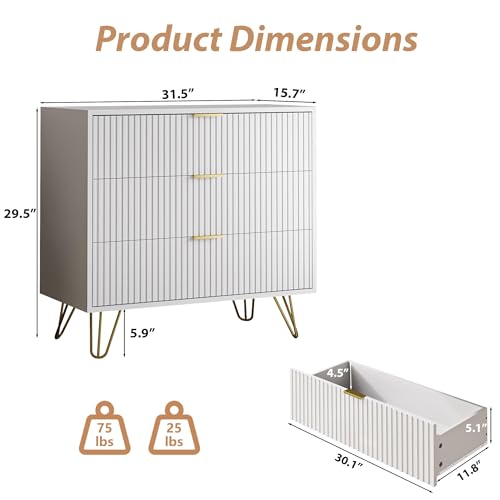 White 3 Drawer Dresser for Bedroom, Modern Closet Dressers Chest of Drawers, view 3