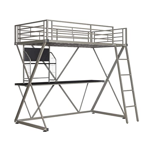 Powell Furniture Z-Bedroom Metal Pewter Powder Coated Twin Size Loft Study Bunk Bed with Computer Desk
